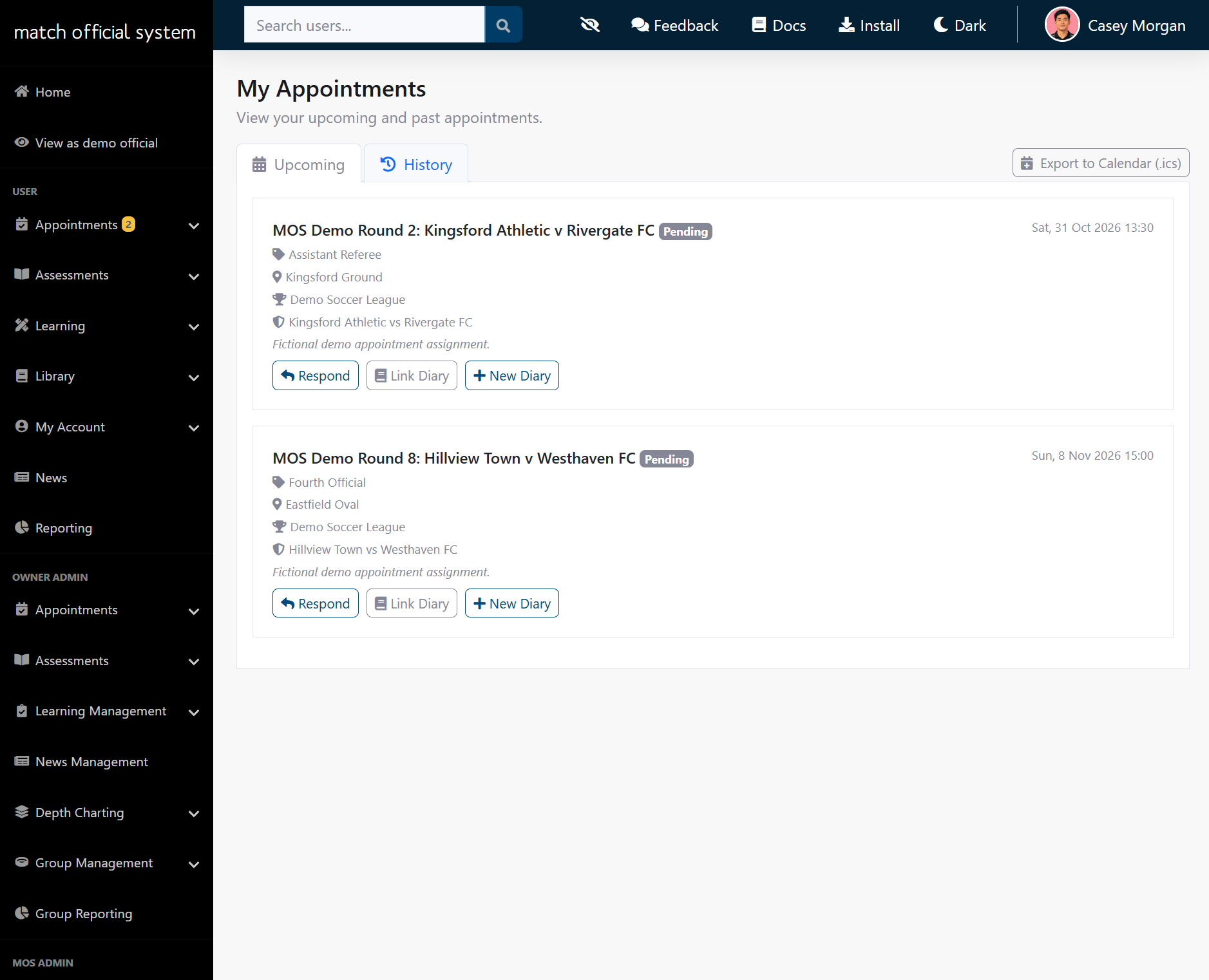 Appointments page showing upcoming fixtures and diary actions