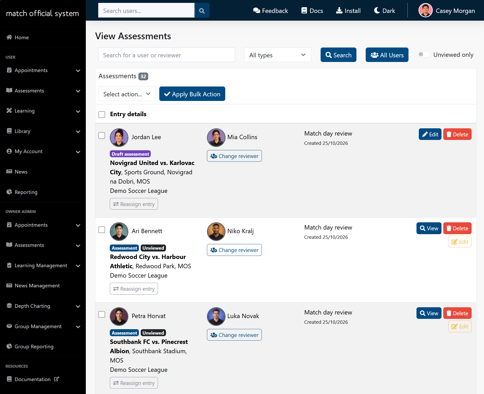 Assessment details with match context, reviewer information and ratings