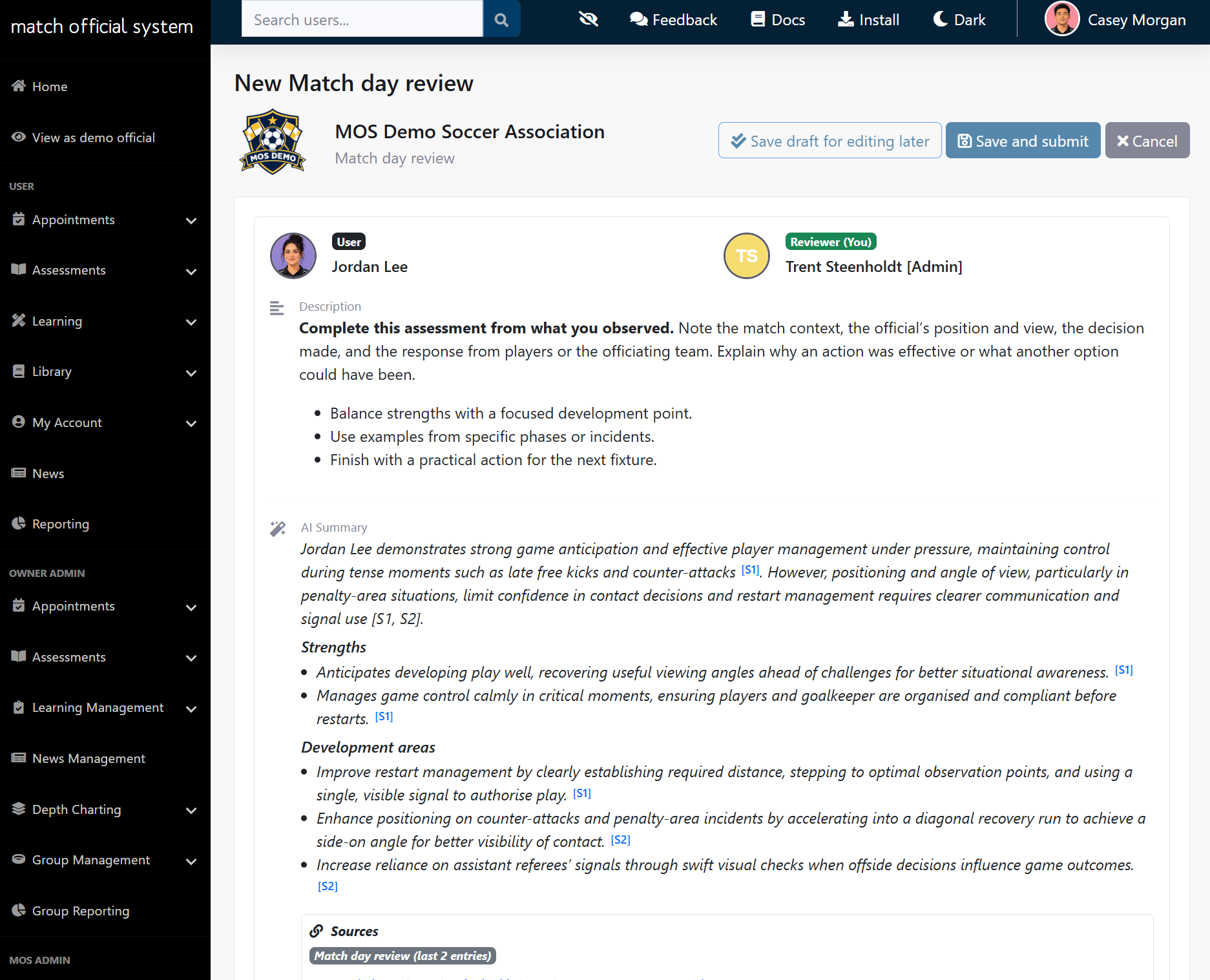 Match day review form with an AI summary, strengths and development areas