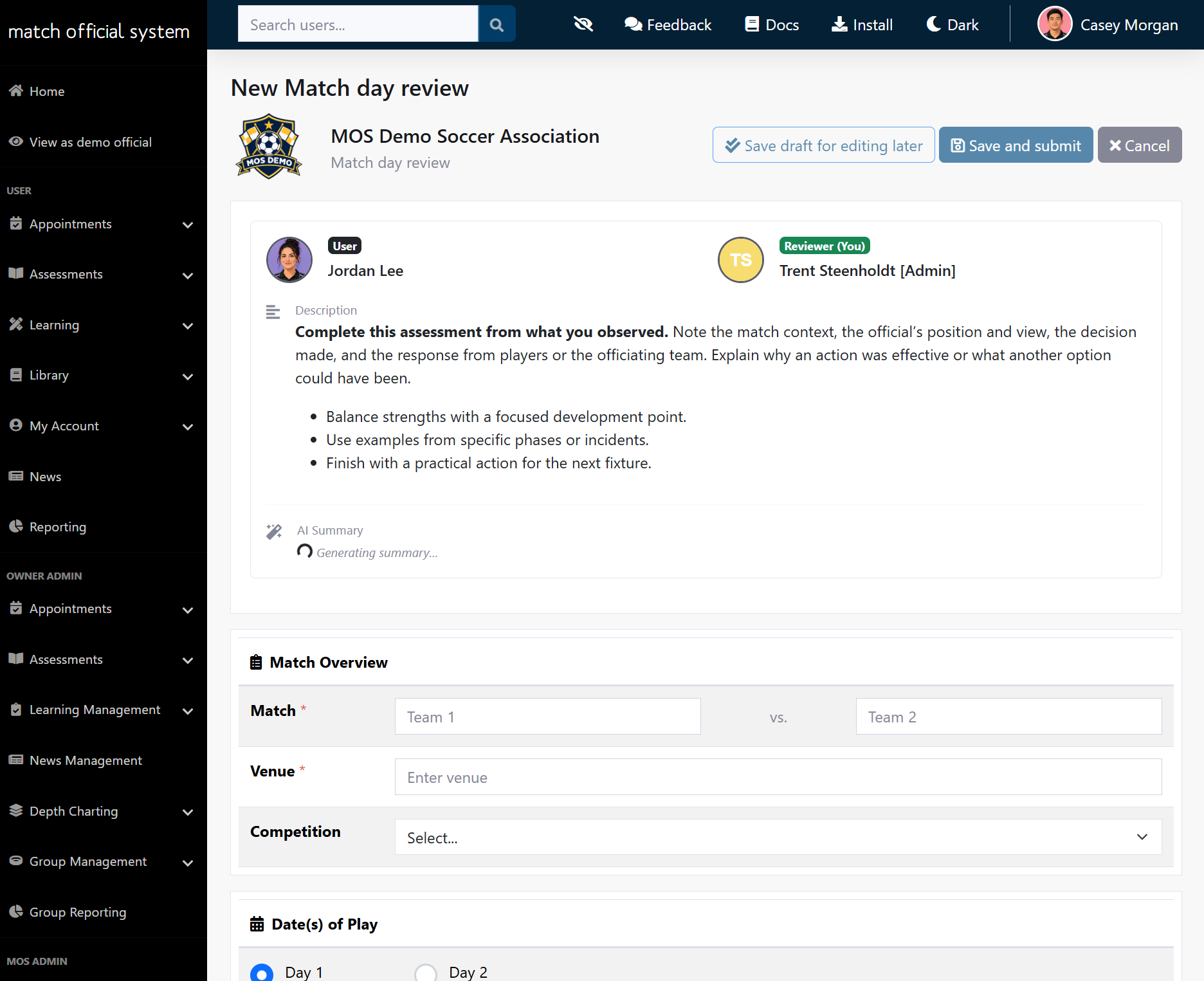 New match day review form with match overview and date fields